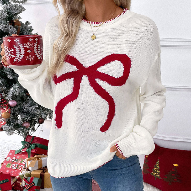 Damen Weihnachtlicher Strickpullover mit Schleifenmotiv Shop Nory