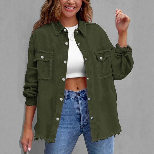 Damen Lässige Oversized-Denim-Hemdjacke mit Rohsaum und Pattentaschen Shop Nory