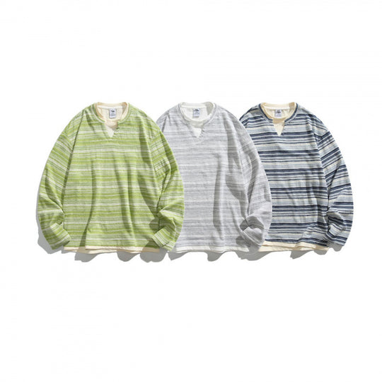 Unisex Gestreifter Oversize-Pullover mit V‑Einsatz und Lagenoptik Shop Nory
