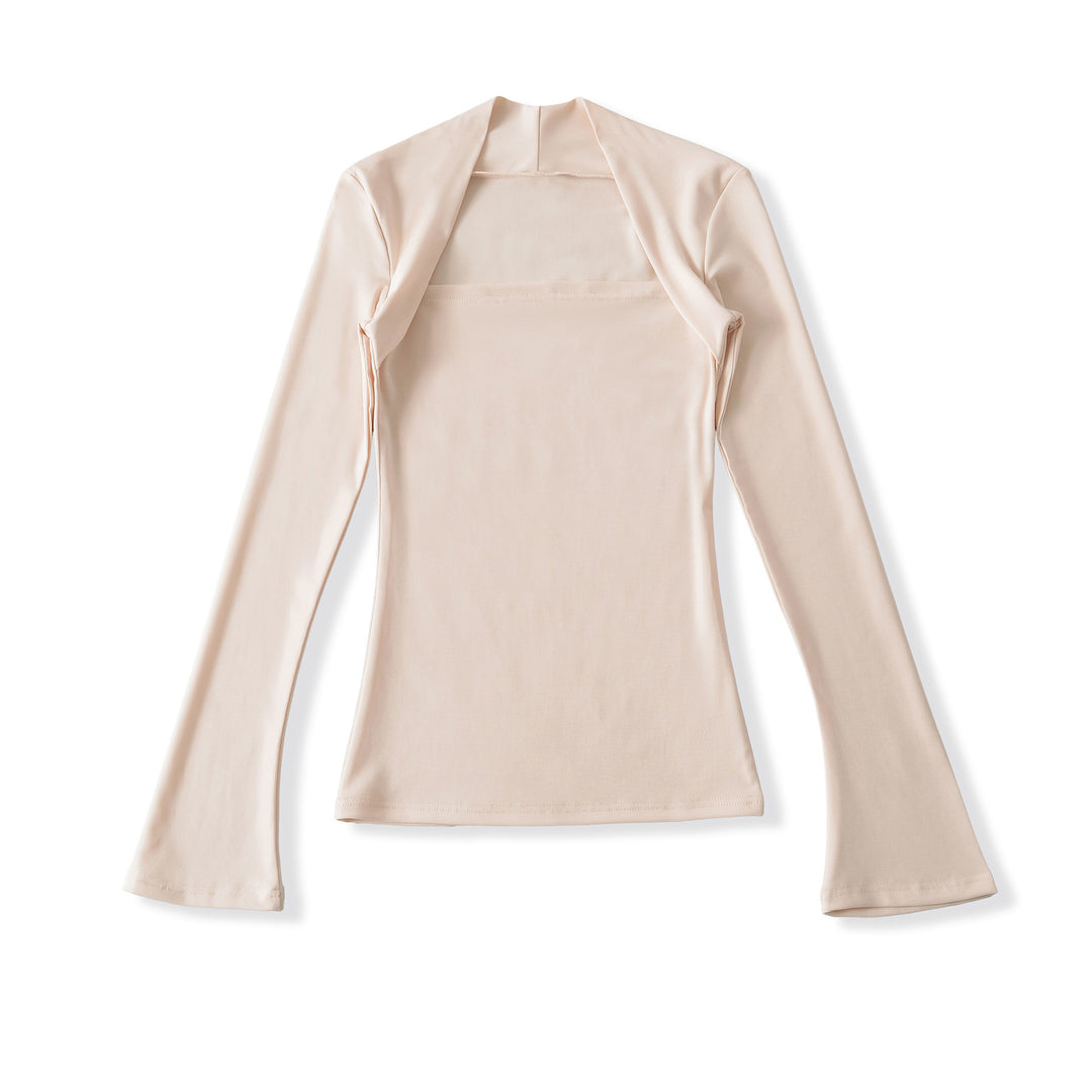 Damen Figurbetontes Langarm-Top mit weitem Schalkragen und Trompetenärmeln Shop Nory