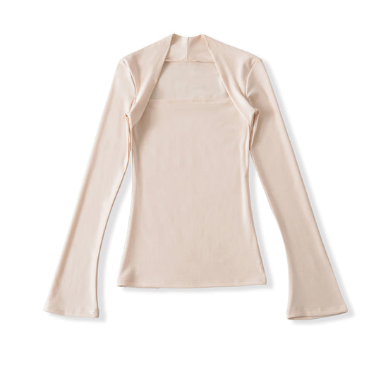 Damen Figurbetontes Langarm-Top mit weitem Schalkragen und Trompetenärmeln Shop Nory