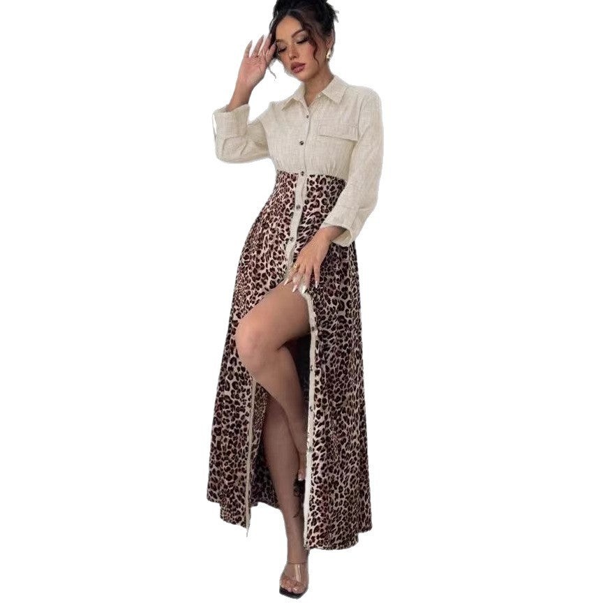 Damen Hemdblusenkleid mit Jeansoberteil und Leoparden-Maxirock Shop Nory