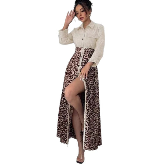 Damen Hemdblusenkleid mit Jeansoberteil und Leoparden-Maxirock Shop Nory