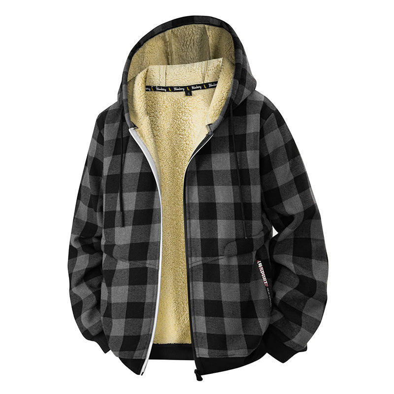 Herren Kariierte Sherpa-gefütterte Kapuzenjacke mit Reißverschluss und Rippbündchen Shop Nory