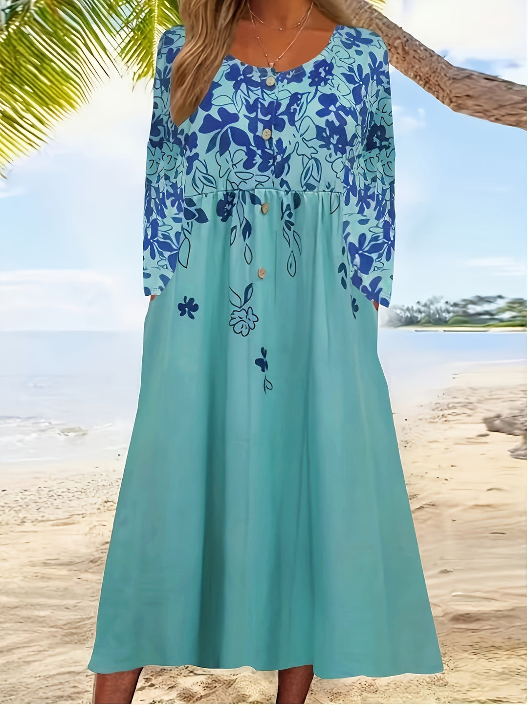 Damen Maxikleid mit V-Ausschnitt, Blumenprint, Knopfleiste und Eingrifftaschen Shop Nory