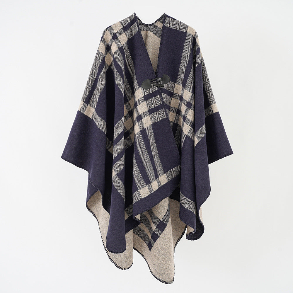 Damen Reversibler Wollmix-Poncho mit Knebelverschluss und Karomuster Shop Nory