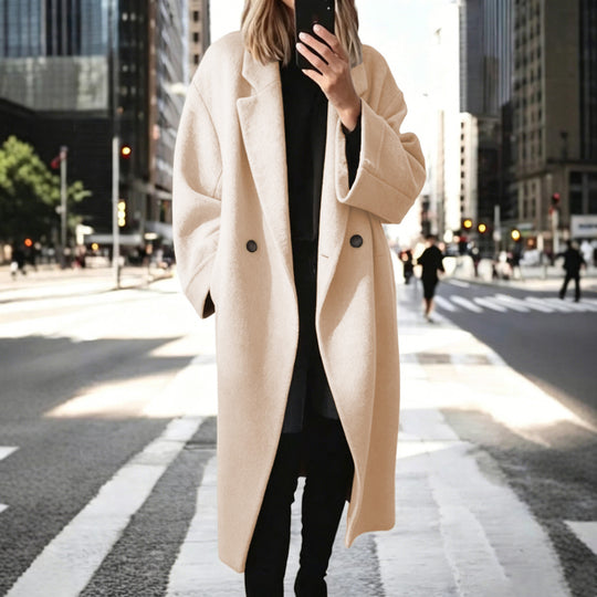Damen Langmantel aus Wollmix mit doppelreihiger Knopfleiste und weitem Revers Shop Nory