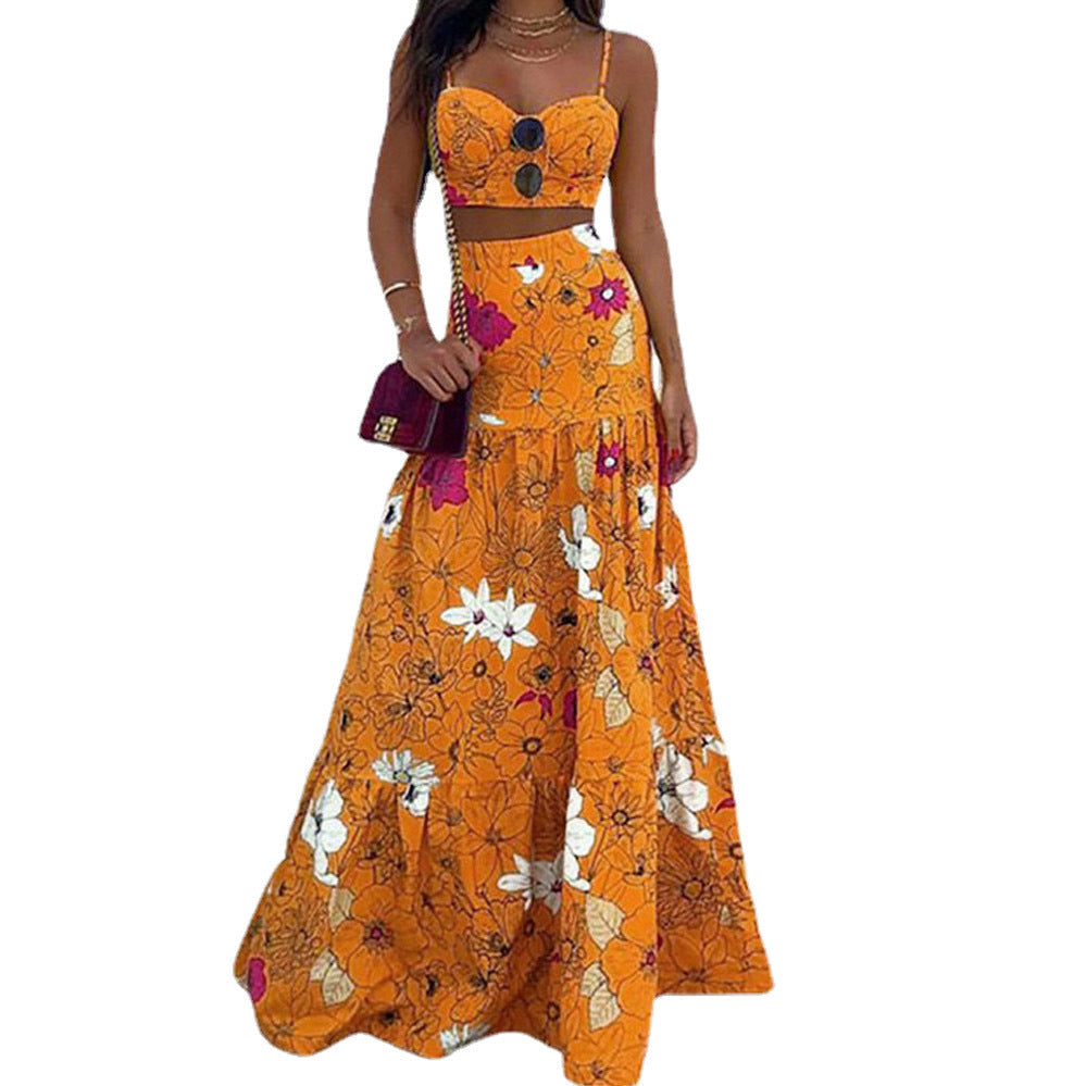 Damen Maxikleid mit floralem Zweiteiler und taillierter Silhouette Shopnory