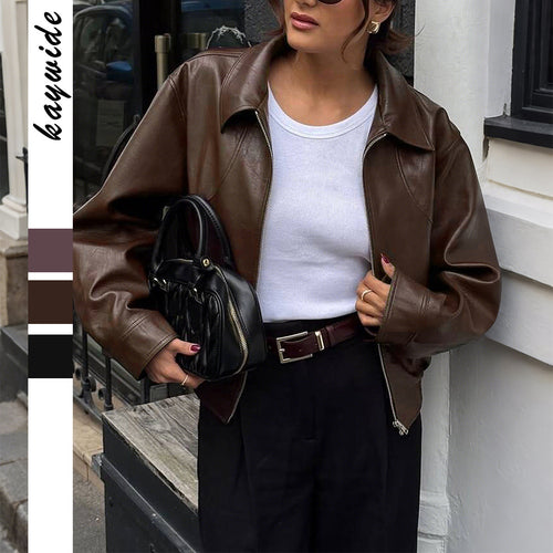 Damen nan kurze Oversize-Lederjacke mit Hemdkragen, sichtbarem Reißverschluss und lässiger Silhouette Shop Nory