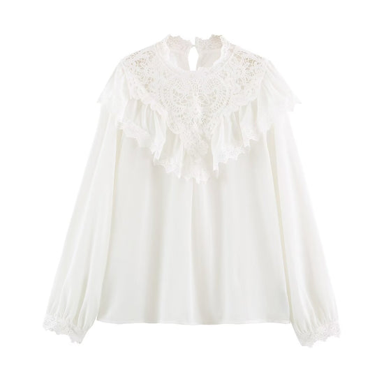 Damen Romantische Spitzenbluse mit Volants und Stehkragen Shop Nory