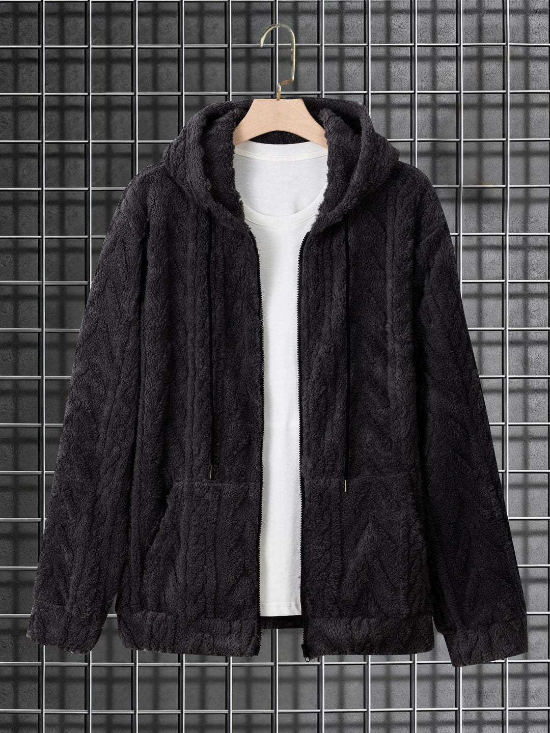 Herren kuschelige Kapuzenjacke aus Teddyfleece mit durchgehendem Reißverschluss und Kängurutaschen Shop Nory