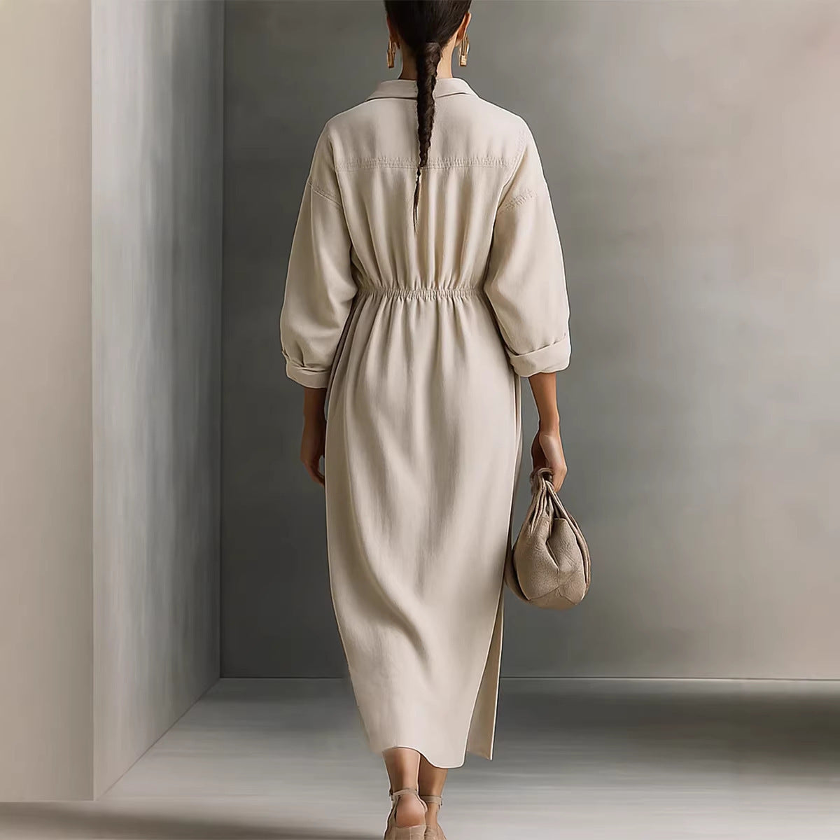 Damen stilvolles Midikleid mit Bindegürtel und klassischem Kragen