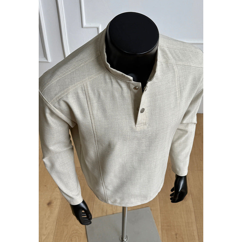 Herren Elegant modernes Langarm-Shirt mit Stehkragen und Knopfleiste Shop Nory
