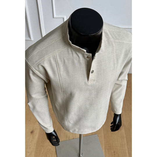 Herren Elegant modernes Langarm-Shirt mit Stehkragen und Knopfleiste Shop Nory