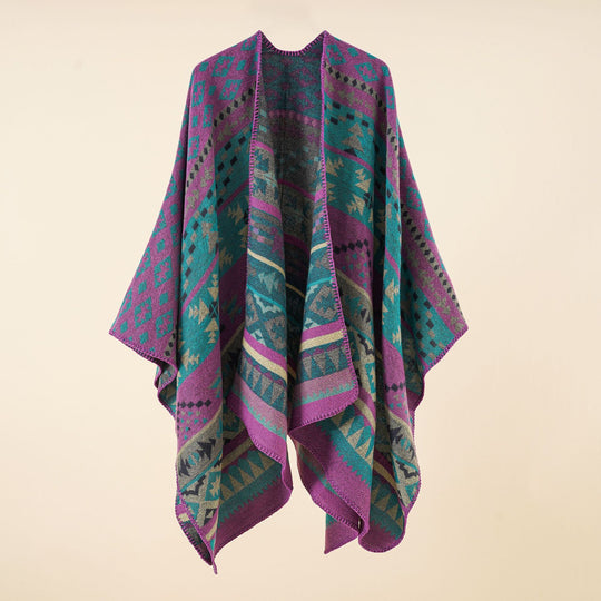 Damen Grobgewebter Ethno-Poncho mit Fransen Shop Nory
