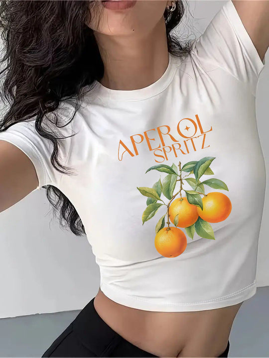 Damen Crop-T-Shirt mit kreativem Motiv und figurbetontem Schnitt Shopnory