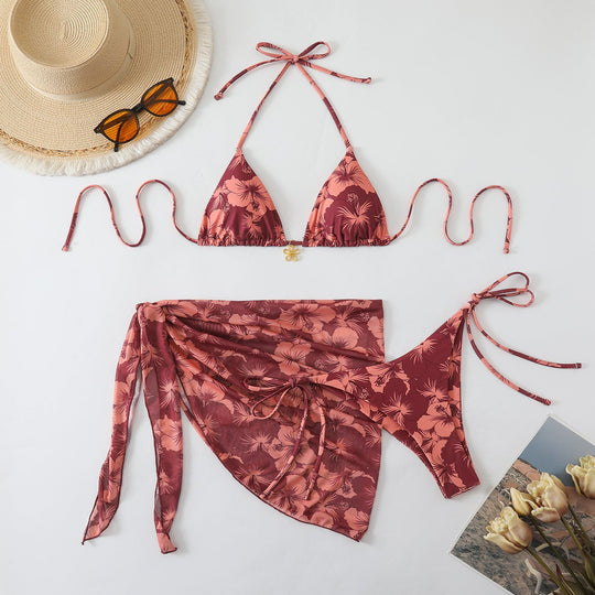 Damen Triangel-Bikini-Set mit Wickelrock und floralem Design