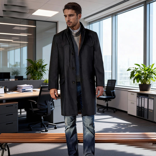 Herren Mantel aus Wollmischung im Westernstil mit Stehkragen und Pattentaschen Shop Nory