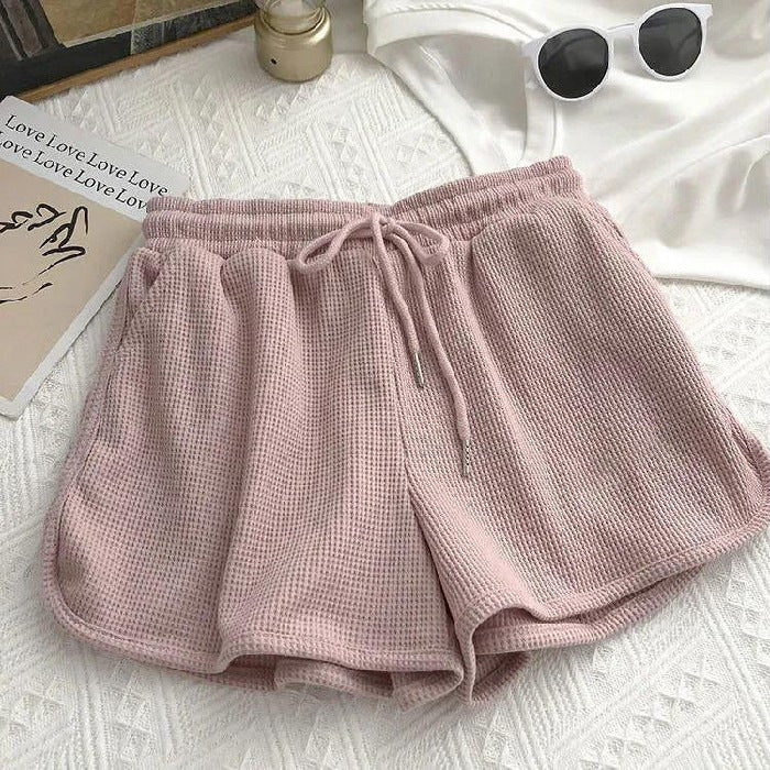 Damen lässige Waffelstruktur-Shorts mit verstellbarem Kordelzug und elastischem Bund