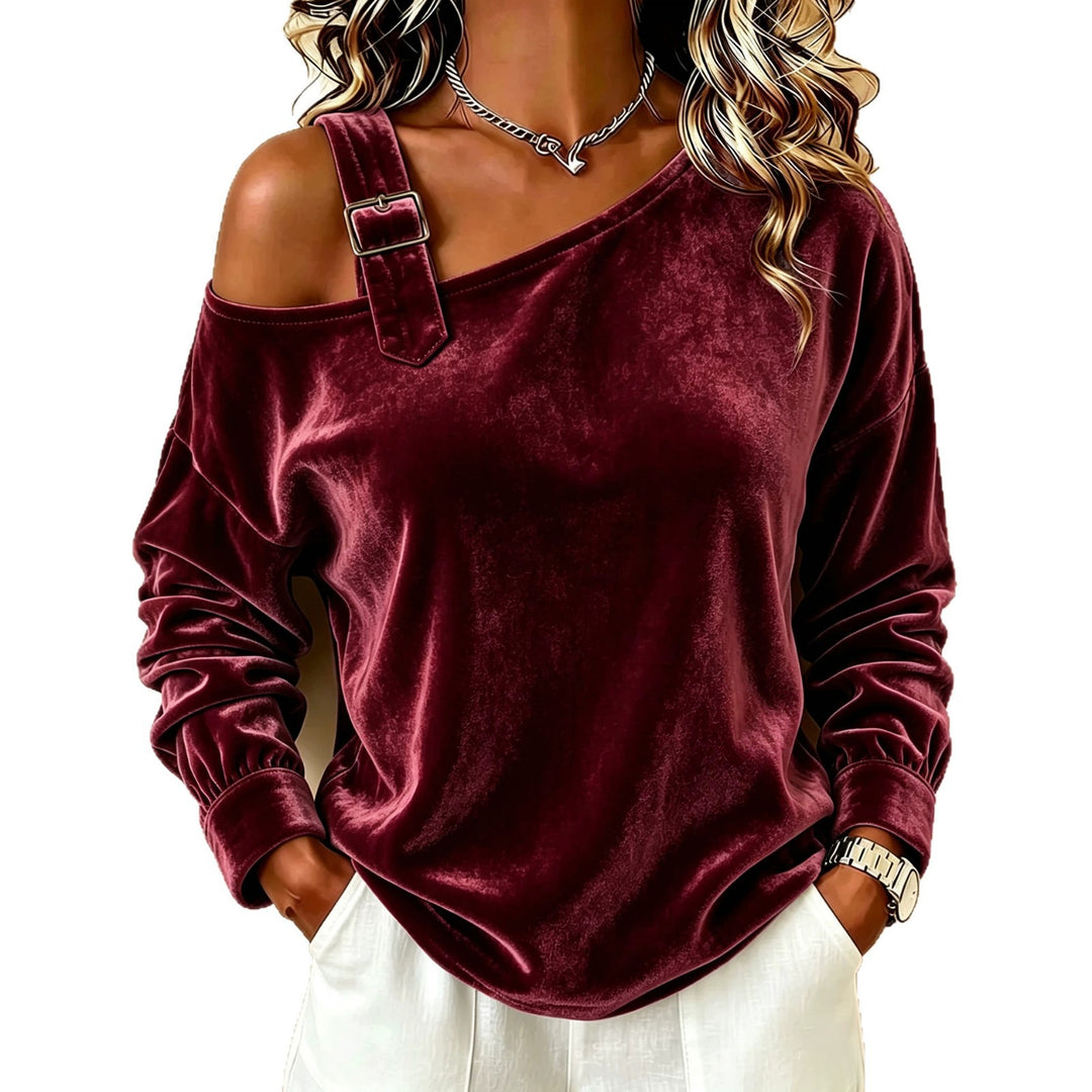Damen Samt-Sweatshirt mit asymmetrischem Carmen-Ausschnitt und Zierschnalle Shop Nory
