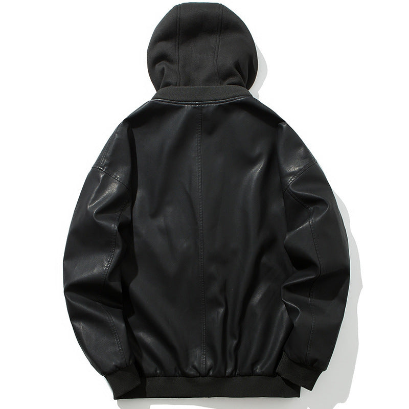 Herren Kunstleder‑Bomberjacke mit Kapuze, Reißverschluss und Rippbündchen Shop Nory