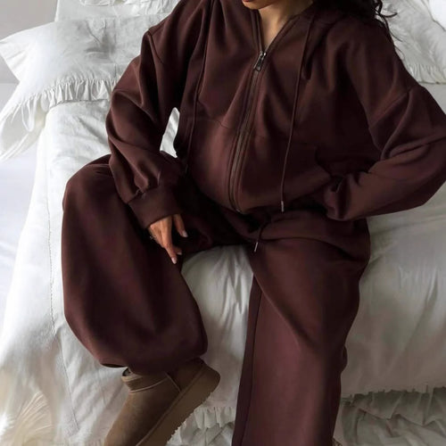 Damen oversized Kapuzenjacke mit Reißverschluss und weiten Jogginghose Lounge-Set Shop Nory
