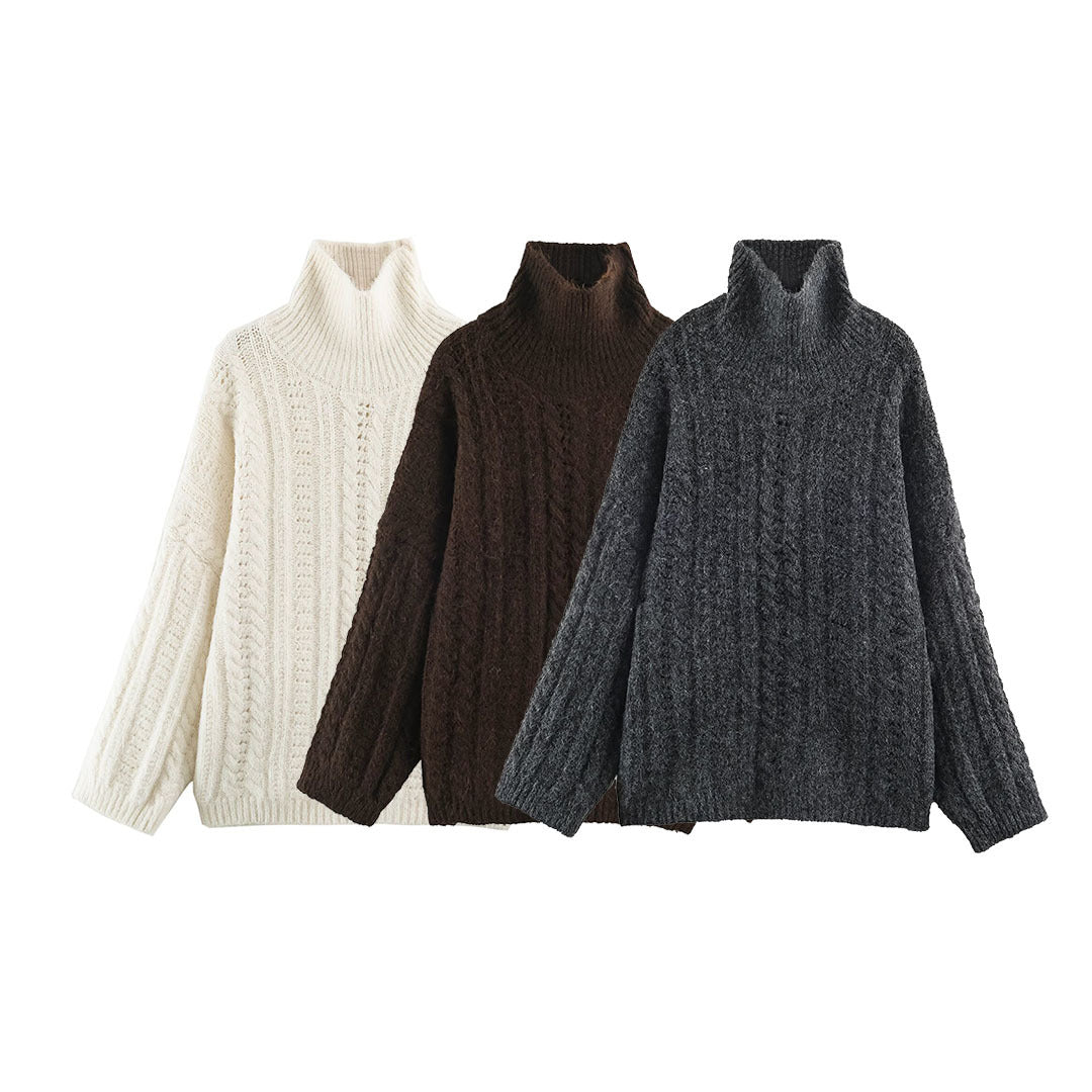 Damen Grobgestrickter Oversize-Pullover mit hohem Rollkragen und Zopfmuster Shop Nory