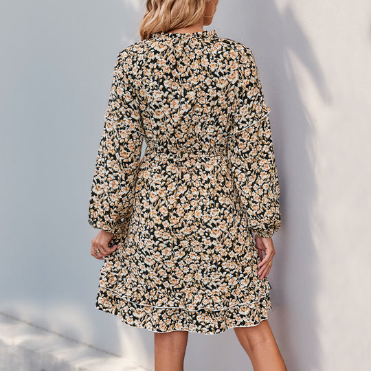 Damen Florales Midikleid mit V-Ausschnitt, Smok-Taillenbund und Volantstufen Shop Nory