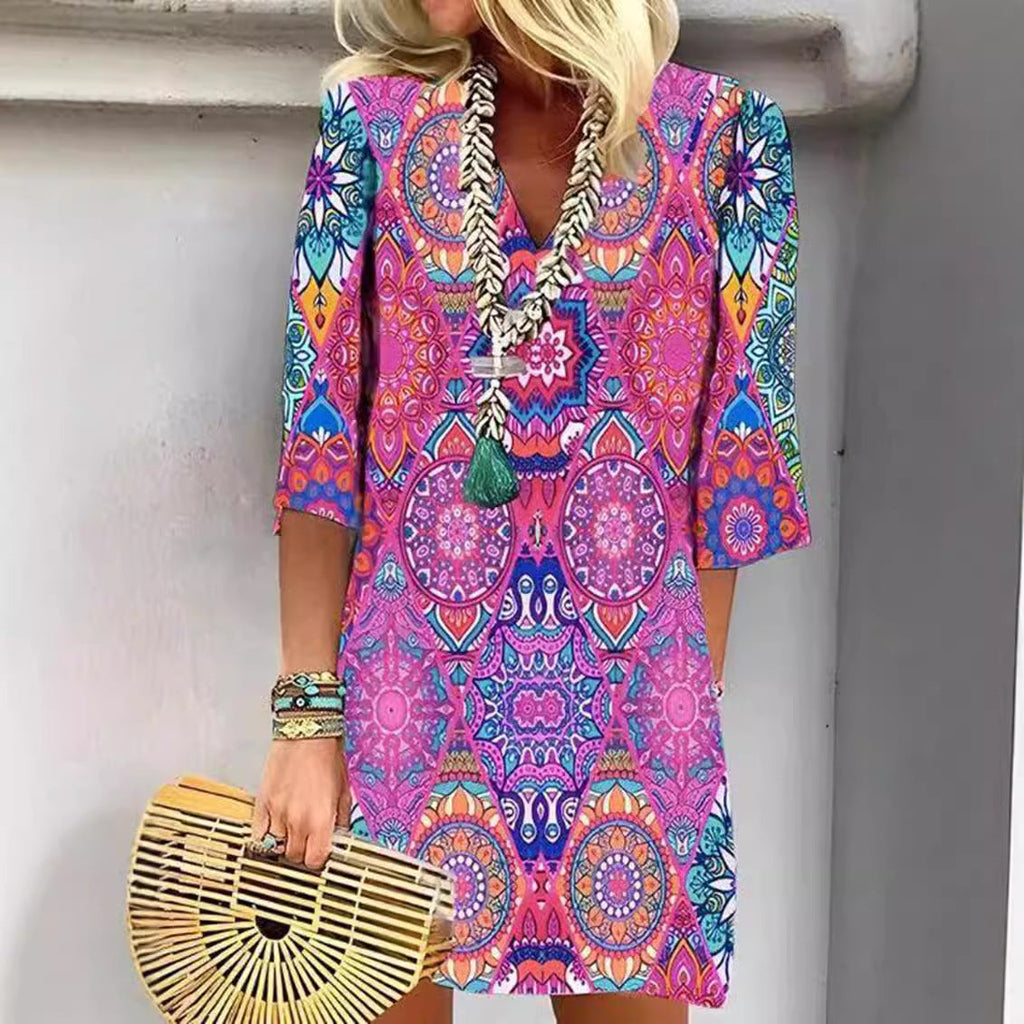 Damen nan kurzes Boho Strandkleid im Mandala-Print mit V-Ausschnitt, dreiviertel-Ärmeln und legerer A-Linie