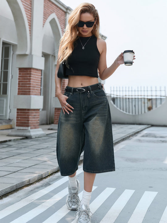 Damen Weite Denim-Culottes mit hohem Bund und praktischen Seitentaschen