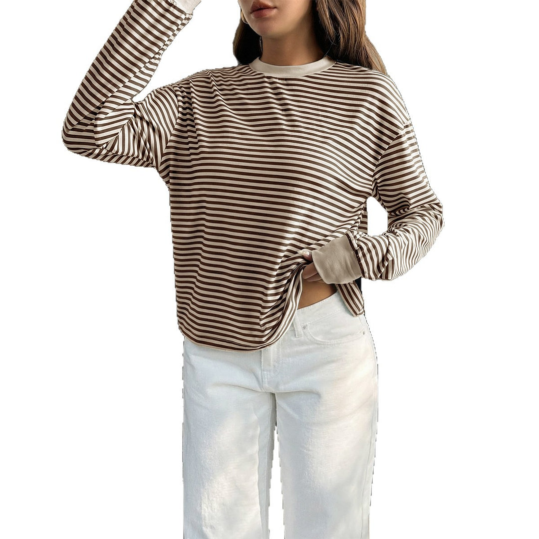 Damen nan lässiges gestreiftes Oversize-Longsleeve mit kontrastierendem Rundhalsausschnitt und verlängertem Rückensaum Shop Nory