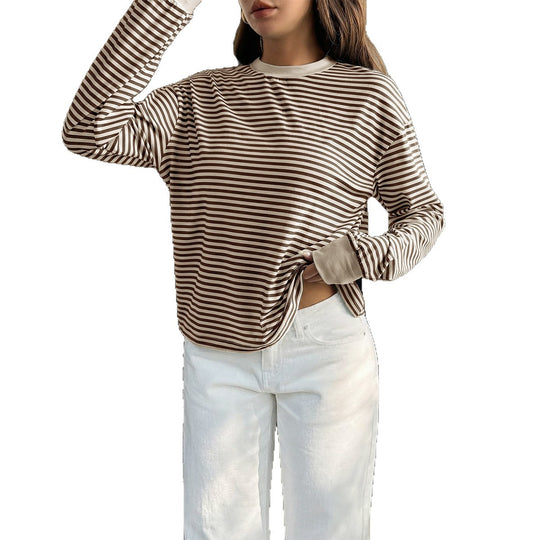 Damen nan lässiges gestreiftes Oversize-Longsleeve mit kontrastierendem Rundhalsausschnitt und verlängertem Rückensaum Shop Nory