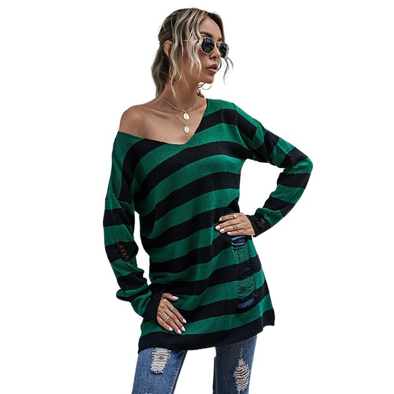 Damen Off-Shoulder Strickpullover mit Streifen Shop Nory