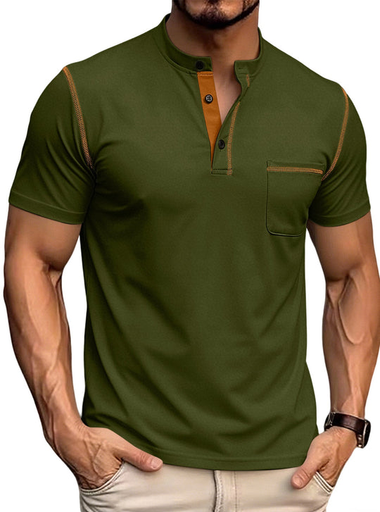 Herren nan kurzärmeliges Henley-Shirt mit Stehkragen, Brusttasche und kontrastierenden Ziernähten