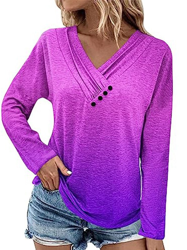 Damen Gerippter V-Ausschnitt Pullover mit Farbverlauf, Zierknöpfen und legerer Passform Shop Nory