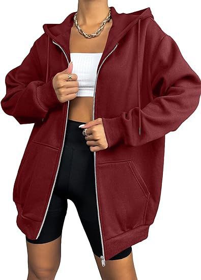 Damen nan oversized Zip-Kapuzenjacke mit kontrastierendem Reißverschluss, doppellagiger Kapuze und Kängurutasche Shop Nory