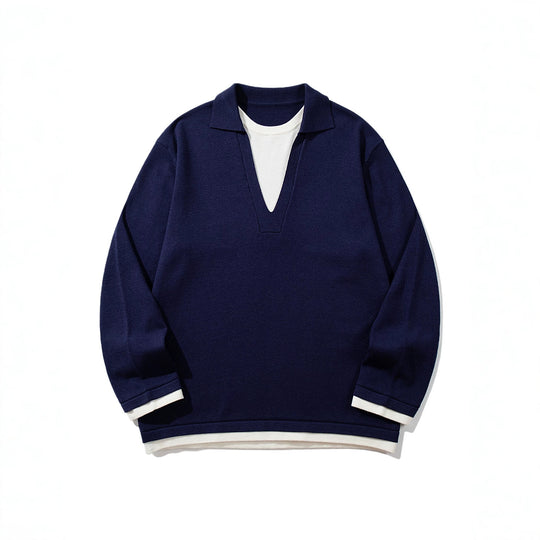 Unisex Lässiger Oversize Strickpullover mit tiefem V Einsatz und Hemd‑Layer Optik Shop Nory