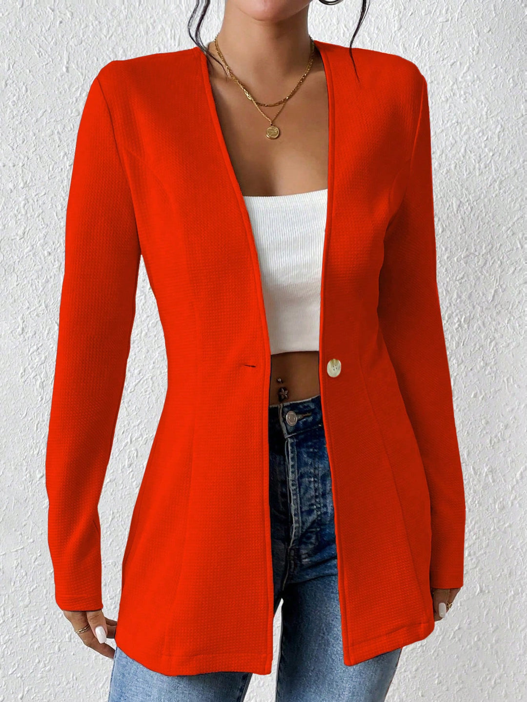 Damen Taillierter kragenloser Longblazer mit Ein-Knopf-Verschluss Shop Nory