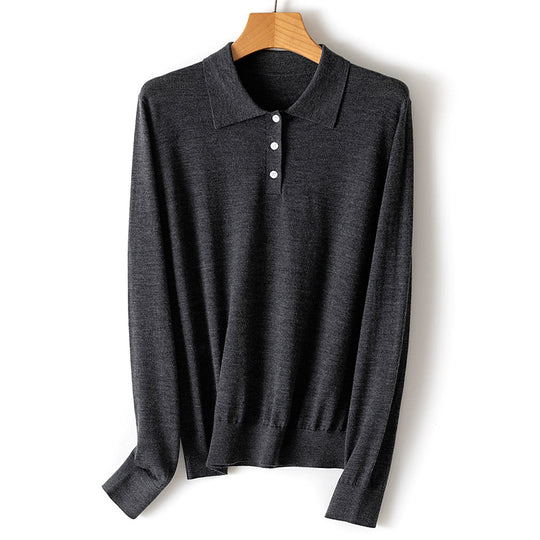 Damen Feiner Langarm-Polo-Pullover aus Feinstrick mit Knopfleiste Shop Nory