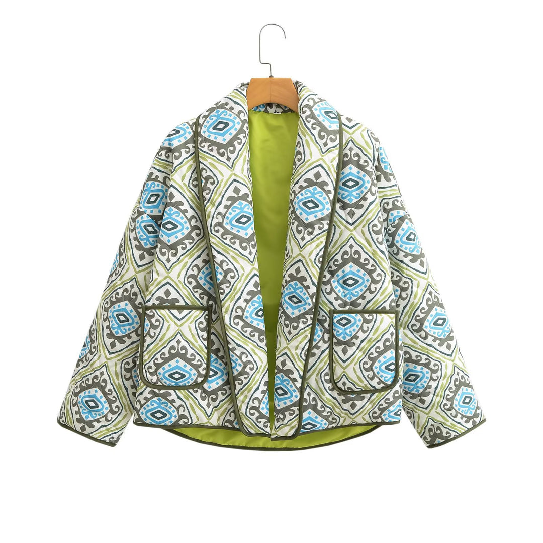 Damen Stepp-Kimonojacke mit grafischem Allovermuster, Schalkragen und aufgesetzten Taschen Shop Nory
