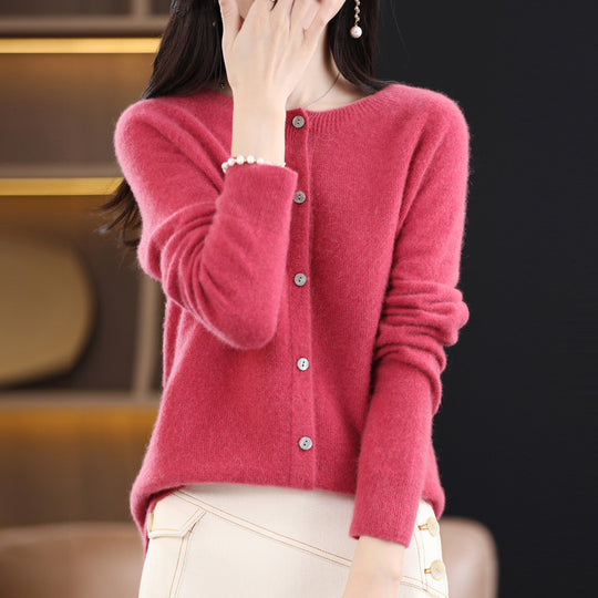 Damen Kurzgeschnittener Cardigan in Mohair‑Optik mit Rundhalsausschnitt und Perlmuttknöpfen Shop Nory