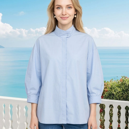 Damen Oversize-Bluse mit verdeckter Knopfleiste, 3/4-Ärmeln und leichter Popeline-Qualität Shop Nory
