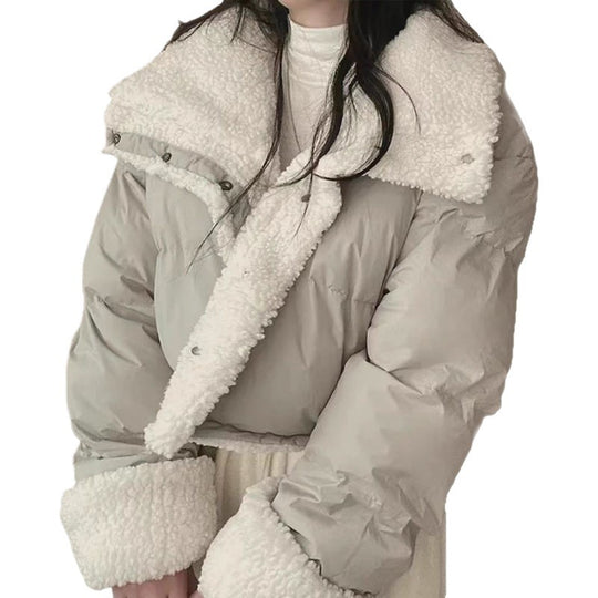 Damen nan kurze gesteppte Pufferjacke mit Teddykragen, krempelbaren Ärmeln und Tunnelzugsaum Shop Nory