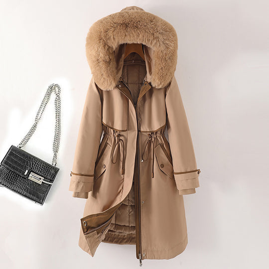 Damen nan langer Parka mit Kunstfellkapuze Taillenzug und kontrastierten Paspeln Shop Nory