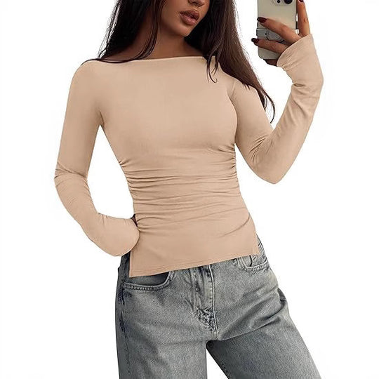 Damen Tailliertes Langarm-Top mit weitem U-Boot-Ausschnitt, Seitlicher Raffung und verlängerten Ärmelbündchen Shop Nory