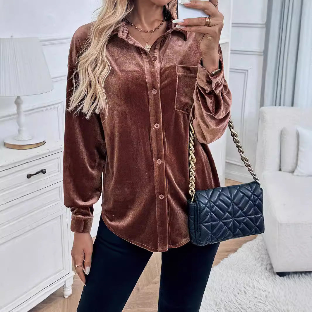 Damen Velours-Hemdbluse mit Brusttasche und klassischem Kragen Shop Nory