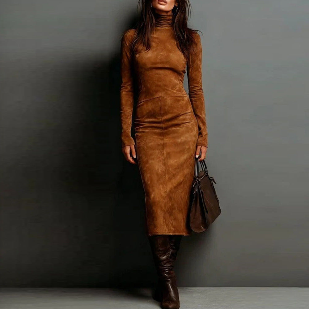 Damen Tailliertes Midi Kleid im Samt-Look mit Rollkragen und maßgeschneiderter Silhouette Shop Nory