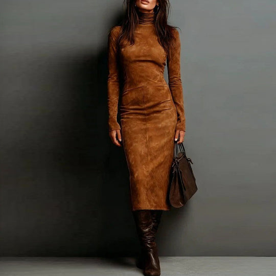 Damen Tailliertes Midi Kleid im Samt-Look mit Rollkragen und maßgeschneiderter Silhouette Shop Nory