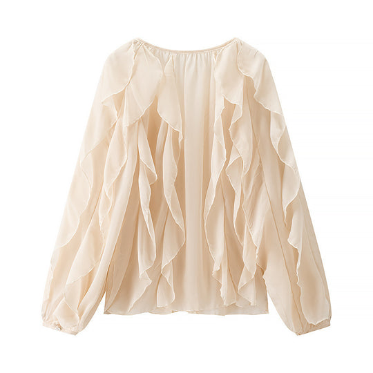 Damen Voluminöse Chiffonbluse mit mehrlagigen Volants und Knopfverschluss Shop Nory