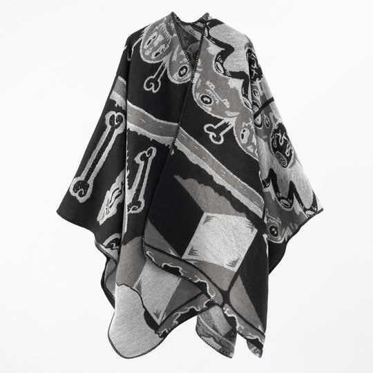 Damen Statement-Capeponcho aus jacquardgewebtem Wollmix mit Skull- und Knochenmuster Shop Nory